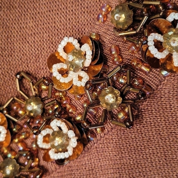 VTG JUST B Brown Floral Glass Beaded Coquette Cardigan Sweater XL - Picture 3 of 13